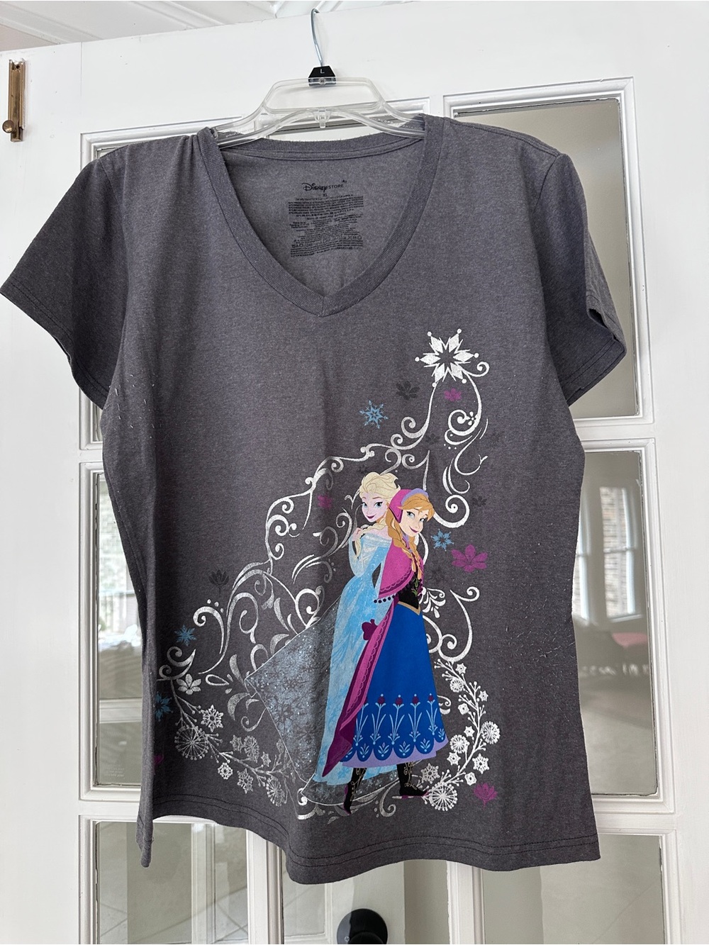 Disney Charcoal Gray V-Neck Tee with Elsa & Anna Graphic